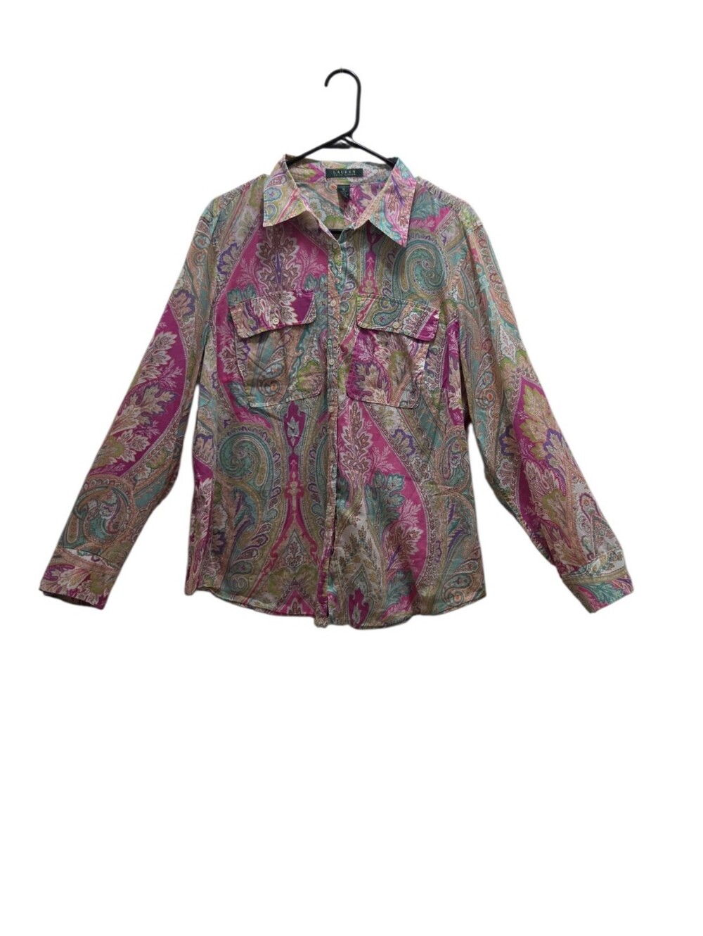 Lauren Ralph Lauren 1X Paisley Cotton Button Front Shirt Blouse Pink Green Boho